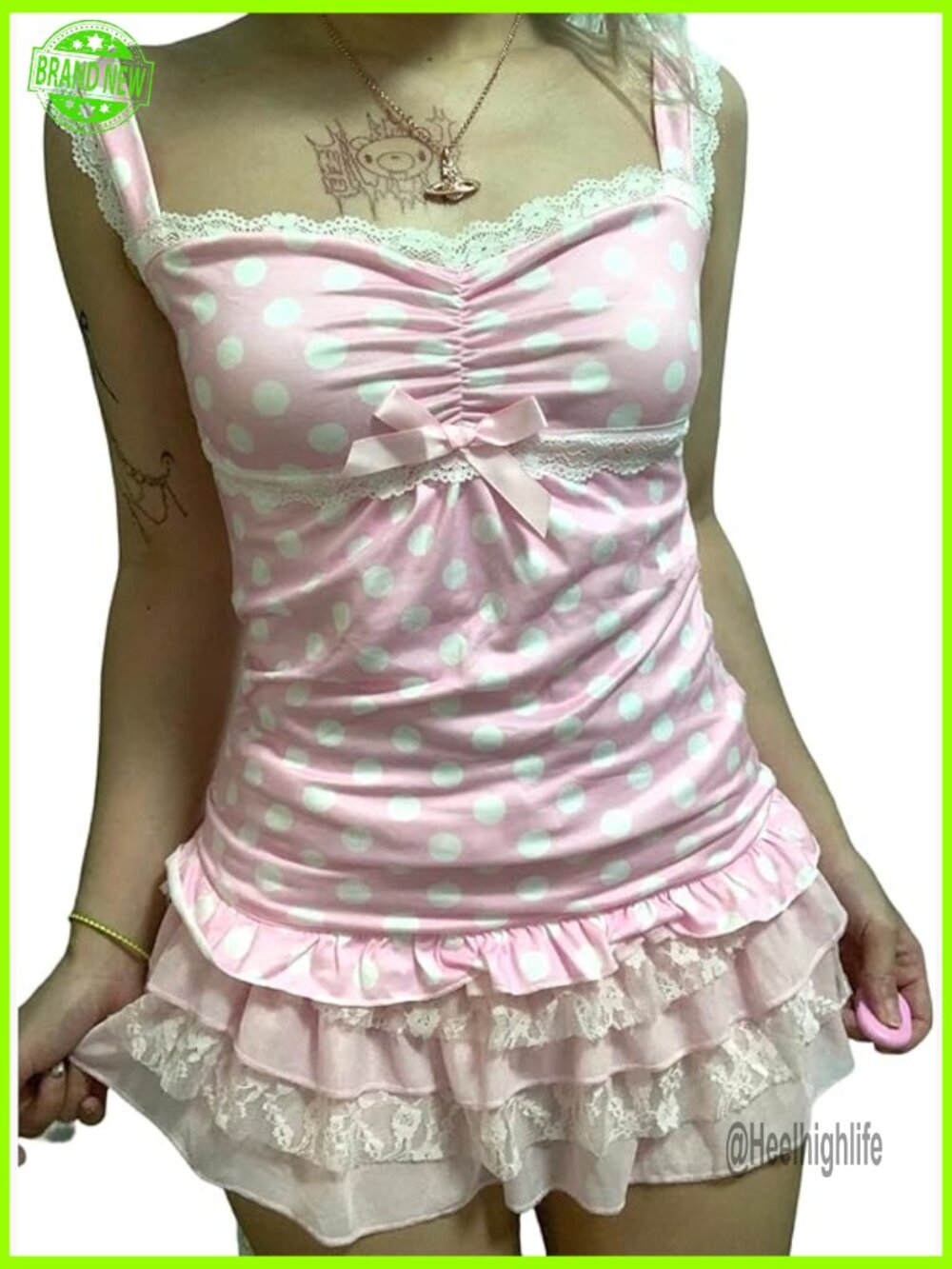 Polka Dot Lace Trim Corset Cami Crop Top Y2K Fairy Grunge Going Out Tank